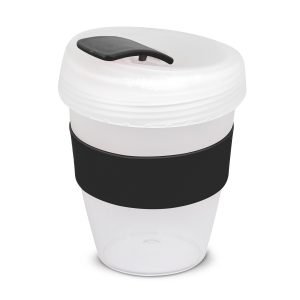 The Trends Collection Express Cup Deluxe Frosted is a reusable 350ml coffee cup with heat resistant band.  Screw on lid.  Great branded coffee drinkware promo product.