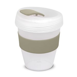The Trends Collection Express Cup Deluxe Frosted is a reusable 350ml coffee cup with heat resistant band.  Screw on lid.  Great branded coffee drinkware promo product.