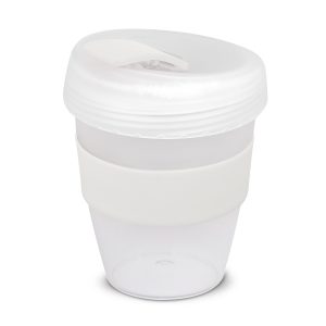 The Trends Collection Express Cup Deluxe Frosted is a reusable 350ml coffee cup with heat resistant band.  Screw on lid.  Great branded coffee drinkware promo product.