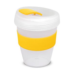 The Trends Collection Express Cup Deluxe Frosted is a reusable 350ml coffee cup with heat resistant band.  Screw on lid.  Great branded coffee drinkware promo product.