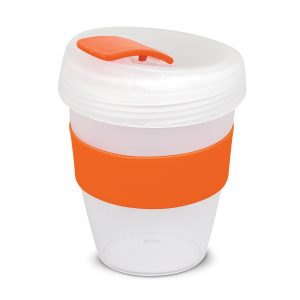 The Trends Collection Express Cup Deluxe Frosted is a reusable 350ml coffee cup with heat resistant band.  Screw on lid.  Great branded coffee drinkware promo product.