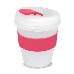 The Trends Collection Express Cup Deluxe Frosted is a reusable 350ml coffee cup with heat resistant band.  Screw on lid.  Great branded coffee drinkware promo product.