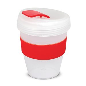 The Trends Collection Express Cup Deluxe Frosted is a reusable 350ml coffee cup with heat resistant band.  Screw on lid.  Great branded coffee drinkware promo product.
