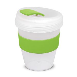 The Trends Collection Express Cup Deluxe Frosted is a reusable 350ml coffee cup with heat resistant band.  Screw on lid.  Great branded coffee drinkware promo product.