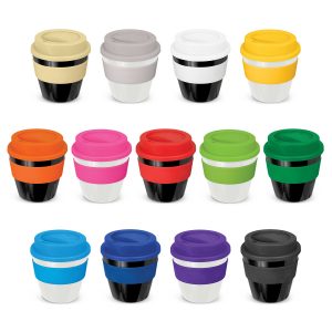 The Trends Collection Express Cup Classic is a 230ml reusable coffee cup with a secure screw on lid with silicone band.  Lid and Band mix n match.  Branded coffee cups.