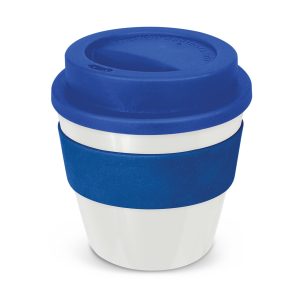 The Trends Collection Express Cup Classic is a 230ml reusable coffee cup with a secure screw on lid with silicone band.  Lid and Band mix n match.  Branded coffee cups.