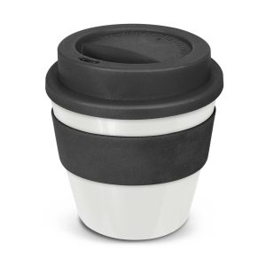 The Trends Collection Express Cup Classic is a 230ml reusable coffee cup with a secure screw on lid with silicone band.  Lid and Band mix n match.  Branded coffee cups.