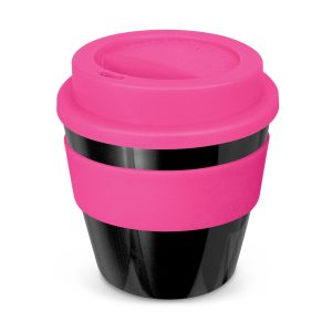 The Trends Collection Express Cup Classic is a 230ml reusable coffee cup with a secure screw on lid with silicone band.  Lid and Band mix n match.  Branded coffee cups.