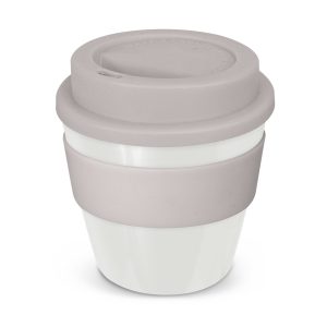 The Trends Collection Express Cup Classic is a 230ml reusable coffee cup with a secure screw on lid with silicone band.  Lid and Band mix n match.  Branded coffee cups.