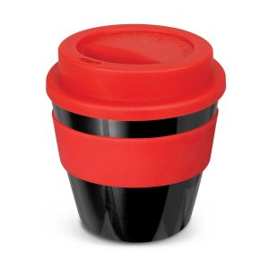 The Trends Collection Express Cup Classic is a 230ml reusable coffee cup with a secure screw on lid with silicone band.  Lid and Band mix n match.  Branded coffee cups.