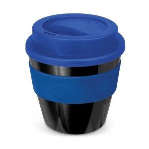 The Trends Collection Express Cup Classic is a 230ml reusable coffee cup with a secure screw on lid with silicone band.  Lid and Band mix n match.  Branded coffee cups.