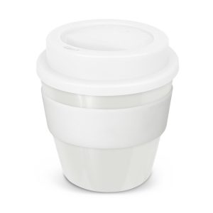 The Trends Collection Express Cup Classic is a 230ml reusable coffee cup with a secure screw on lid with silicone band.  Lid and Band mix n match.  Branded coffee cups.