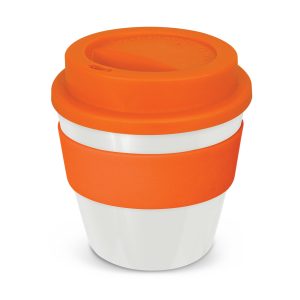 The Trends Collection Express Cup Classic is a 230ml reusable coffee cup with a secure screw on lid with silicone band.  Lid and Band mix n match.  Branded coffee cups.