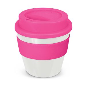 The Trends Collection Express Cup Classic is a 230ml reusable coffee cup with a secure screw on lid with silicone band.  Lid and Band mix n match.  Branded coffee cups.