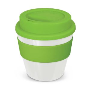 The Trends Collection Express Cup Classic is a 230ml reusable coffee cup with a secure screw on lid with silicone band.  Lid and Band mix n match.  Branded coffee cups.