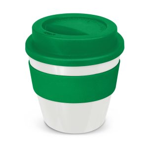 The Trends Collection Express Cup Classic is a 230ml reusable coffee cup with a secure screw on lid with silicone band.  Lid and Band mix n match.  Branded coffee cups.