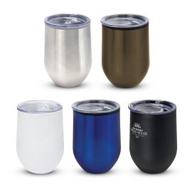 The Trends Collection Cordia Cup is a smart 350ml double wall coffee cup.  5 colours.  Push on lid.  Great branded stainless steel reusable cups.