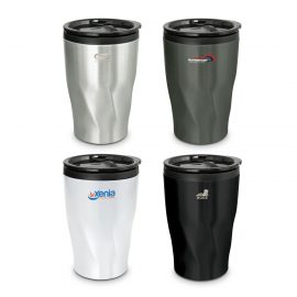 The Trends Collection Tornado Coffee Cup is a 400ml double wall coffee cup.  Radical twist pattern stainless steel.  Great branded reusable coffee cups.