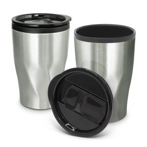 The Trends Collection Tornado Coffee Cup is a 400ml double wall coffee cup. Radical twist pattern stainless steel. Great branded reusable coffee cups.