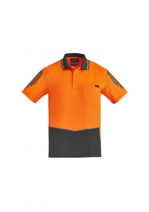 The Syzmik Flux Short Sleeve Polo is a 175gsm polyester with stretch mesh panels.  XXS-7XL.  6 colours.  Great branded short sleeve hi vis polos.