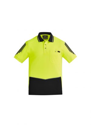 The Syzmik Flux Short Sleeve Polo is a 175gsm polyester with stretch mesh panels.  XXS-7XL.  6 colours.  Great branded short sleeve hi vis polos.