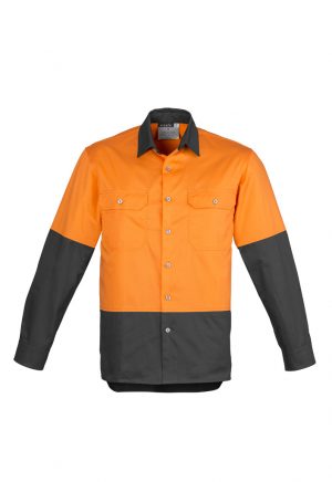 The Syzmik Mens Hi Vis Spliced Industrial Shirt is 100% cotton drill shirt. Large chest pockets. 4 colours. Great Syzmik team workwear.