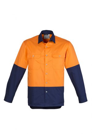 The Syzmik Mens Hi Vis Spliced Industrial Shirt is 100% cotton drill shirt. Large chest pockets. 4 colours. Great Syzmik team workwear.
