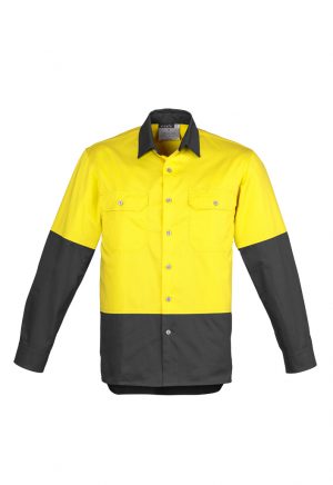 The Syzmik Mens Hi Vis Spliced Industrial Shirt is 100% cotton drill shirt. Large chest pockets. 4 colours. Great Syzmik team workwear.