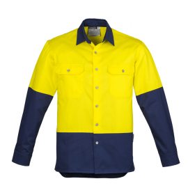 The Syzmik Mens Hi Vis Spliced Industrial Shirt is 100% cotton drill shirt.  Large chest pockets.  4 colours.  Great Syzmik team workwear.