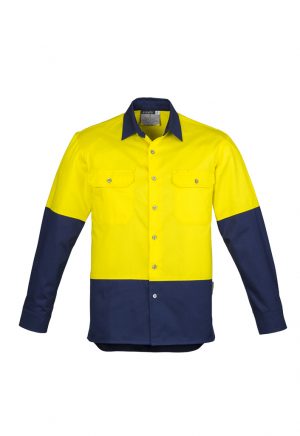 The Syzmik Mens Hi Vis Spliced Industrial Shirt is 100% cotton drill shirt. Large chest pockets. 4 colours. Great Syzmik team workwear.
