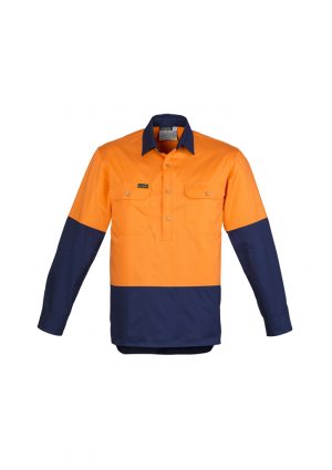 The Syzmik Mens Hi Vis Closed Front Long Sleeve Shirt is a 170gsm cotton twill shirt. Mesh vents & 2 chest pockets. Half buttoned. Great hi vis work shirts.