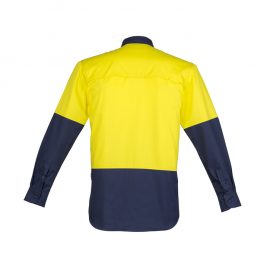 The Syzmik Mens Hi Vis Closed Front Long Sleeve Shirt is a 170gsm cotton twill shirt.  Mesh vents & 2 chest pockets.  Half buttoned.  Great hi vis work shirts.