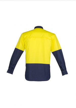 The Syzmik Mens Hi Vis Closed Front Long Sleeve Shirt is a 170gsm cotton twill shirt. Mesh vents & 2 chest pockets. Half buttoned. Great hi vis work shirts.