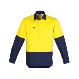 The Syzmik Mens Hi Vis Closed Front Long Sleeve Shirt is a 170gsm cotton twill shirt.  Mesh vents & 2 chest pockets.  Half buttoned.  Great hi vis work shirts.