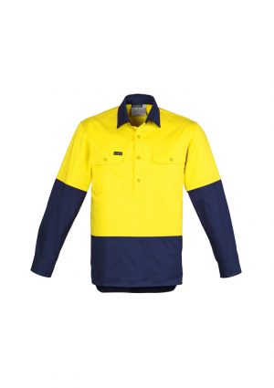 ZW560 Syzmik Mens Hi Vis Closed Front Long Sleeve Shirt Yellow/Navy - Promotrenz The Syzmik Mens Hi Vis Closed Front Long Sleeve Shirt is a 170gsm cotton twill shirt. Mesh vents & 2 chest pockets. Half buttoned. Great hi vis work shirts.