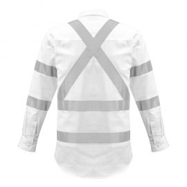 The Syzmik Mens Bio Motion X Back Taped Shirt is a 100% cotton drill white shirt with bio motion tape.  2 chest pockets.  Great branded Syzmik workwear.