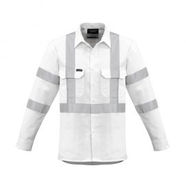 The Syzmik Mens Bio Motion X Back Taped Shirt is a 100% cotton drill white shirt with bio motion tape.  2 chest pockets.  Great branded Syzmik workwear.