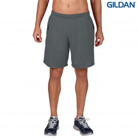 The Gildan Performance Adult Short is a 50% cotton, 50% polyester short.  S - 3XL.  Black or Charcoal.  Great adult performance shorts from Gildan.