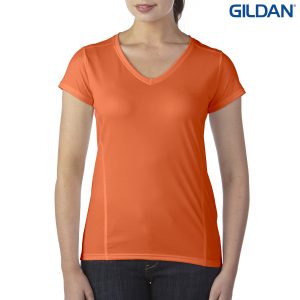 The Gildan Performance Ladies V-Neck Tech T-Shirt is a semi fitted, polyester ladies tee.  XS - 3XL.  7 colours.  Great branded performance tees from Gildan.
