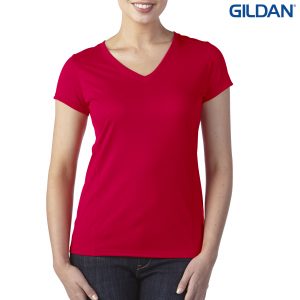 The Gildan Performance Ladies V-Neck Tech T-Shirt is a semi fitted, polyester ladies tee.  XS - 3XL.  7 colours.  Great branded performance tees from Gildan.