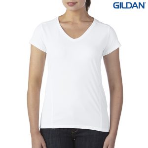 The Gildan Performance Ladies V-Neck Tech T-Shirt is a semi fitted, polyester ladies tee.  XS - 3XL.  7 colours.  Great branded performance tees from Gildan.