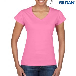 64V00L Gildan Softstyle Ladies V-Neck T Shirt Azalea - Promotrenz The Gildan Softstyle Ladies V-Neck T Shirt is a 150gm cotton jersey knit tee. 5 colours. Fitted. S - 3XL. Great cotton tees from Gildan.