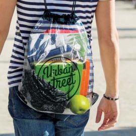 The Trends Clarity Drawstring Backpack is a transparent handy drawstring backpack.  Soft crystal clear plastic.  Reusable bags from Trends.