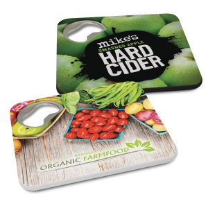 The Trends Collection Coaster Bottle Opener is a handy plastic coaster with built in bottle opener.  White or Black.  Great branded practical coasters.