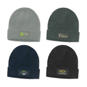 The Trends Collection Everest Beanie with Patch is a warm knitted acrylic beanie with roll up cuff. 4 colours. Great branded beanies with printed patch.