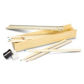 The Trends Collection Radiata Colouring Set is a set of 8 unpainted wood colouring pencils with sharpener and eraser in a box.  Branded pencil set. 