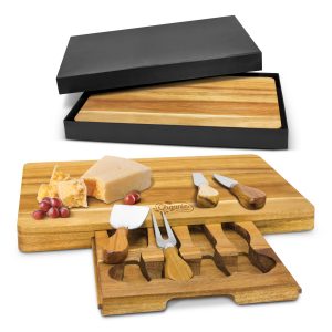 The Trends Collection Montgomery Cheese Board is a luxury acacia cheese board with drawer. 3 cheese knives and fork. Laser Engraved. Great corporate gifts.