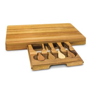 The Trends Collection Montgomery Cheese Board is a luxury acacia cheese board with drawer. 3 cheese knives and fork. Laser Engraved. Great corporate gifts.