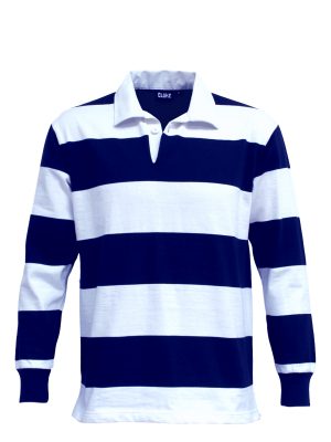 The Cloke Striped Rugby Jersey are proper rugby shirts.  330gsm rugby jersey fabric.  Navy/White.  XXS - 3XL.  Great branded old school rugby shirts.