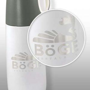 The Trends Bopp Hot Flask is a 600ml double wall, vacuum insulated stainless steel flask.  White or Black.  Great branded drink flasks.
